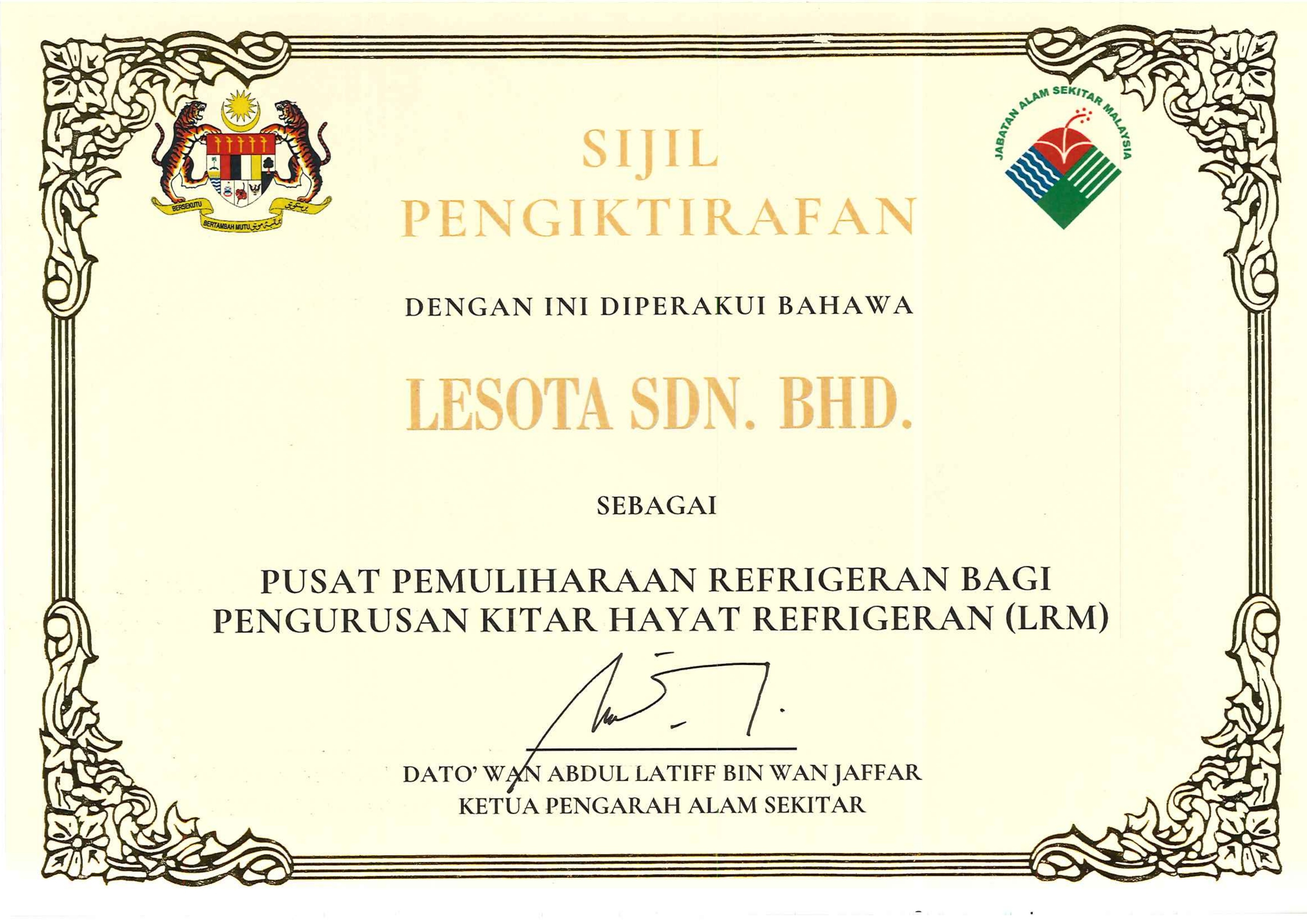 DOE Malaysia Refrigerant Reclaim Centre Certificate for LESOTA SDN BHD